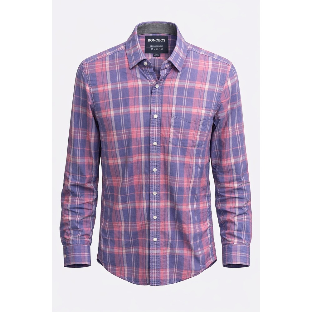 BONOBOS Shirt Mens S Slim Fit Plaid Pink Blue Flannel Button Up Tailored Casual